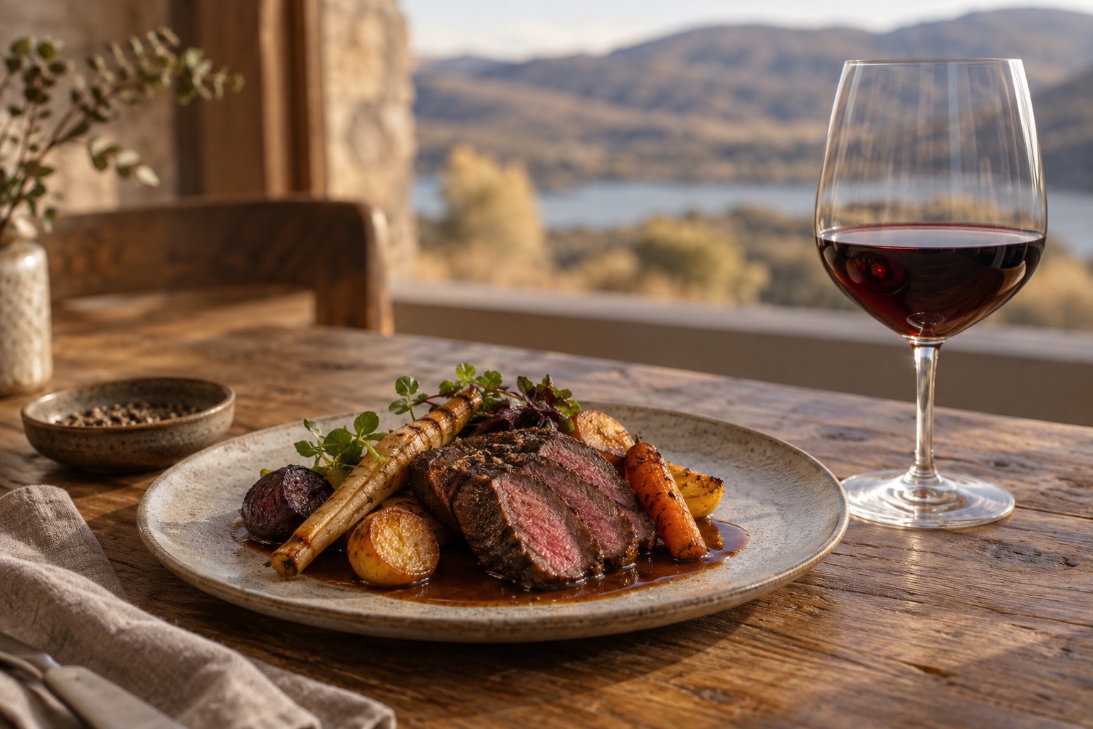 A venison dish plated with a glass of Central Otago Pinot Noir