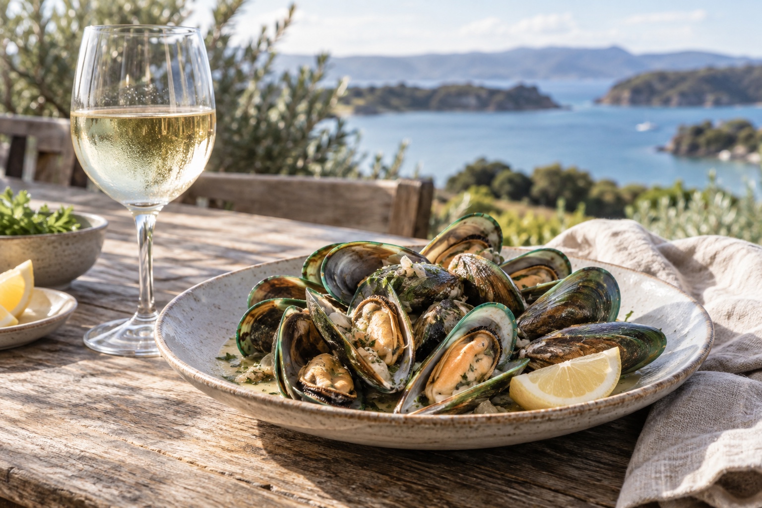 Green-lipped mussels served alongside a glass of Marlborough Sauvignon Blanc