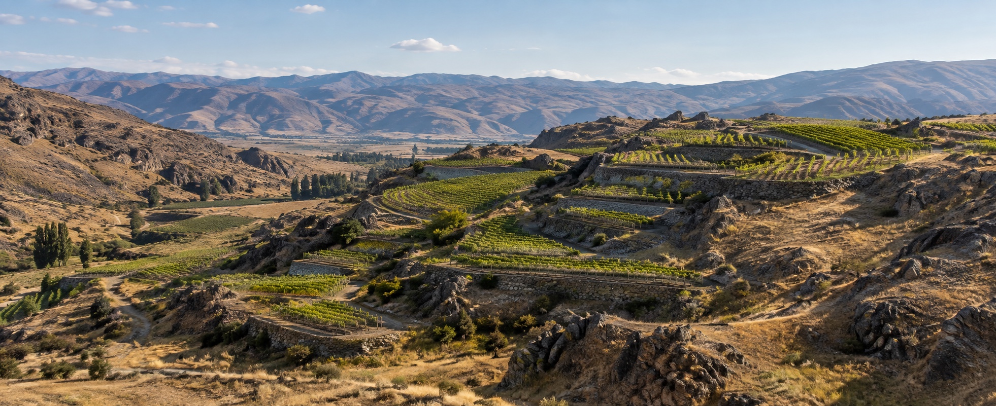 Small terraced vineyard plots on dry schist slopes in Bannockburn, Central Otago