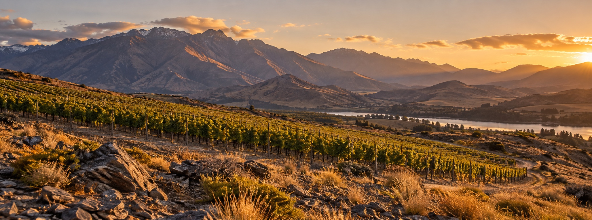 Pinot Noir vines on dry schist-covered slopes in Central Otago with mountains behind