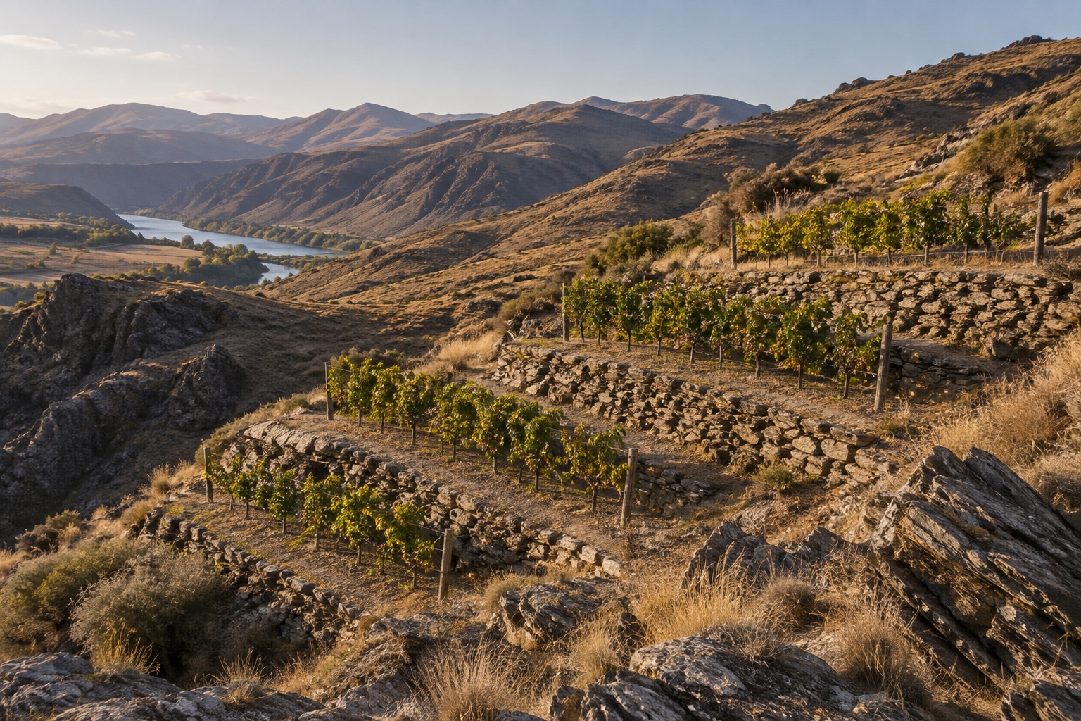 Small terraced Pinot Noir vineyard on dry schist soil in Bannockburn, Central Otago, in late afternoon light