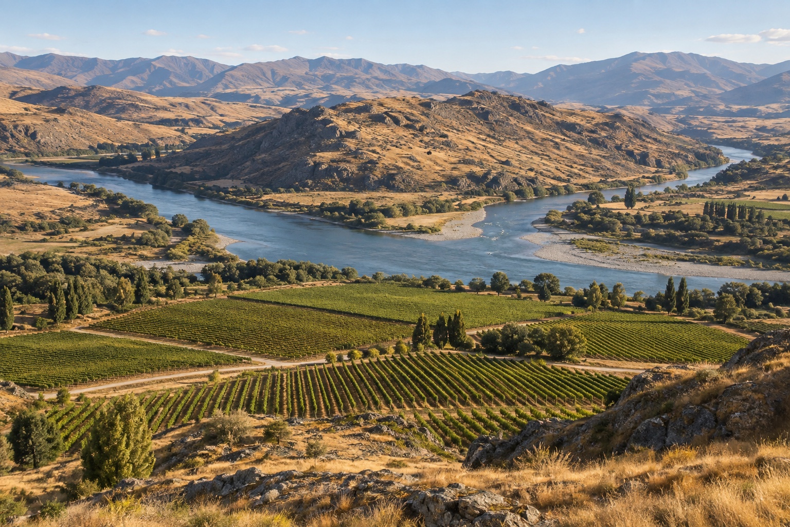 Vineyards at the confluence of the Clutha and Manuherikia rivers near Bendigo, Central Otago