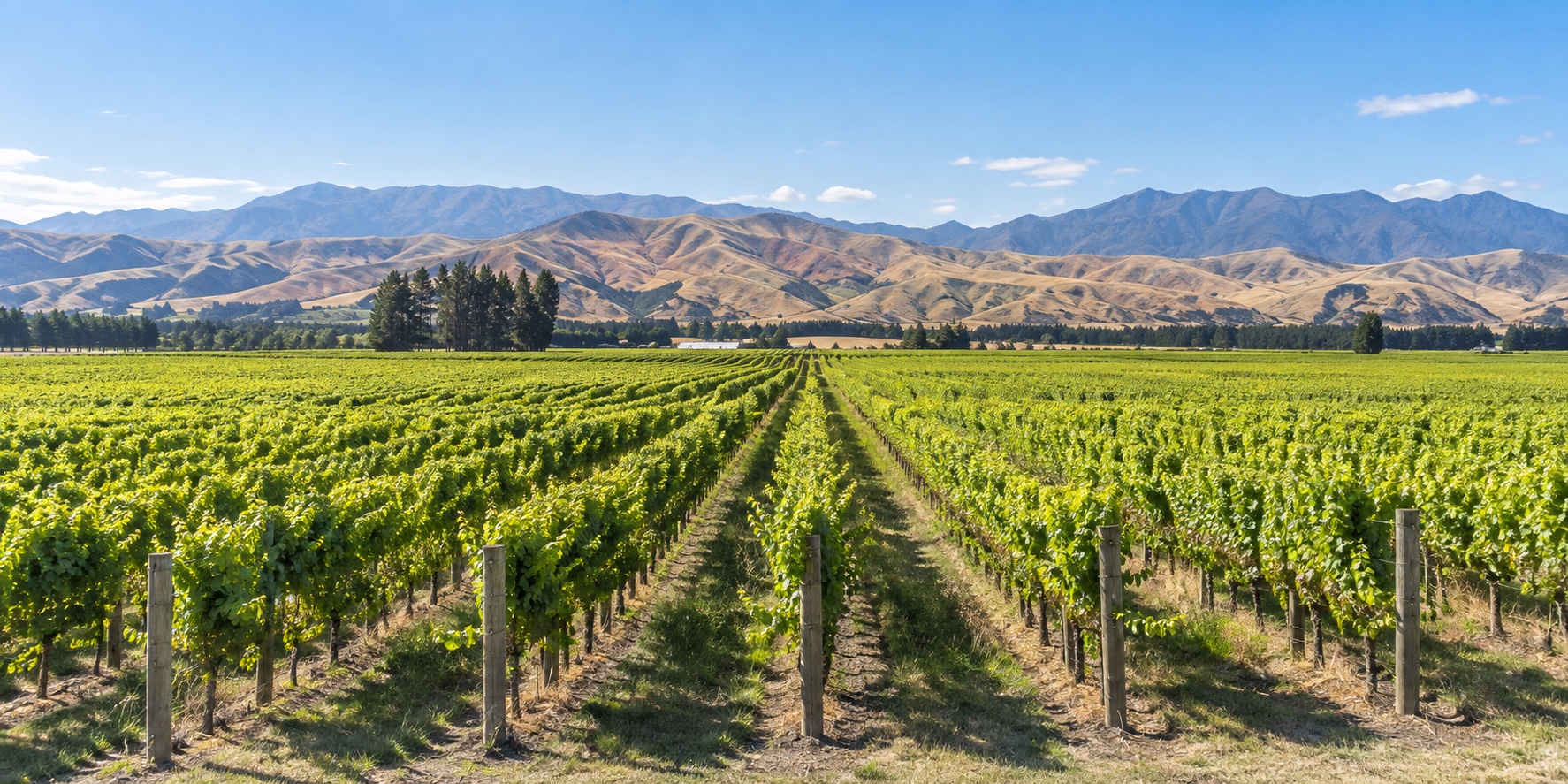 Sun-drenched Sauvignon Blanc vineyard rows in the Wairau Valley, Marlborough, with distant hills