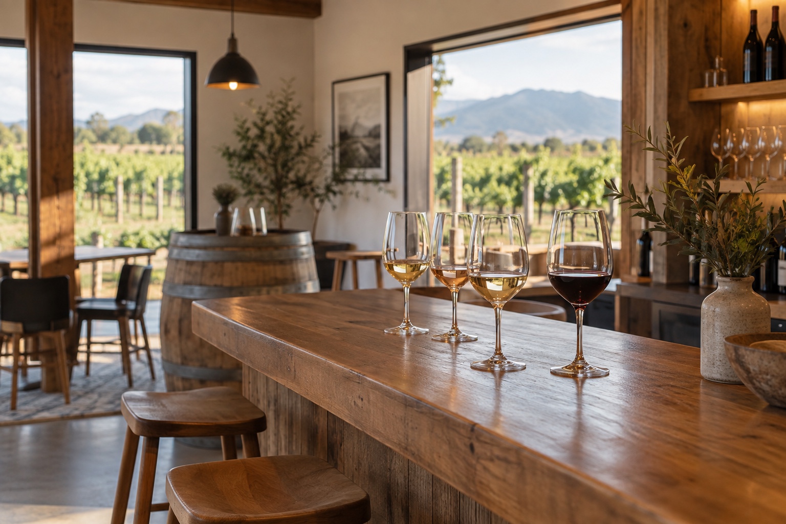 A small, quiet cellar door tasting room in a Marlborough vineyard, wine glasses on a wooden counter