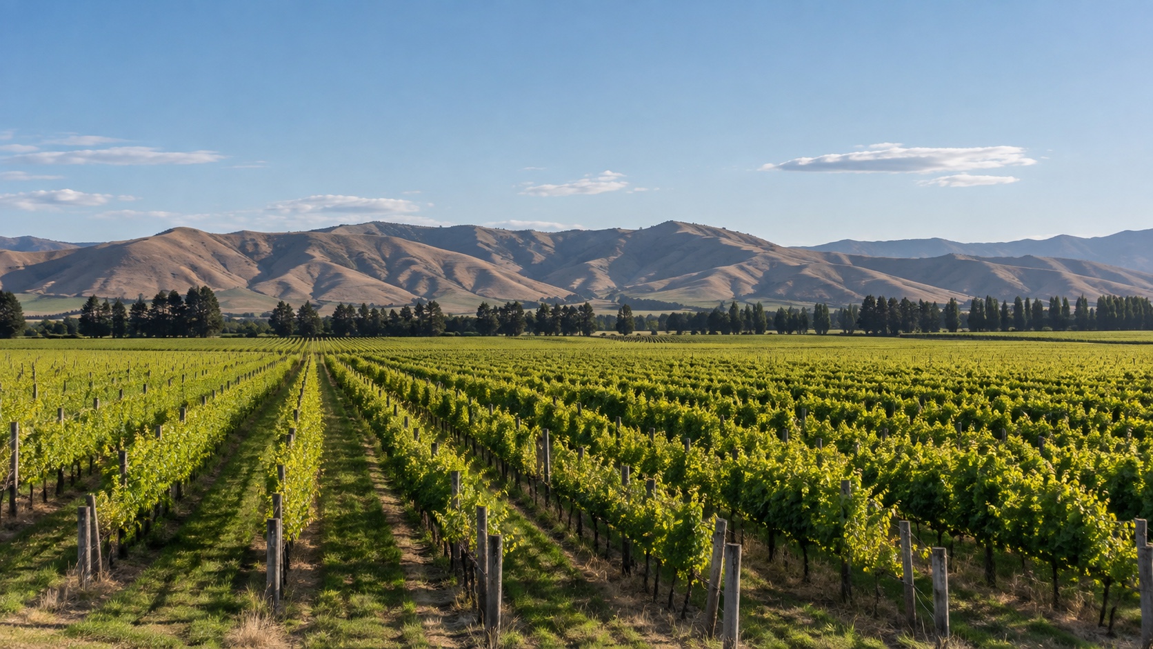 Flat vineyard rows in the Wairau Valley with the Wither Hills in the distance